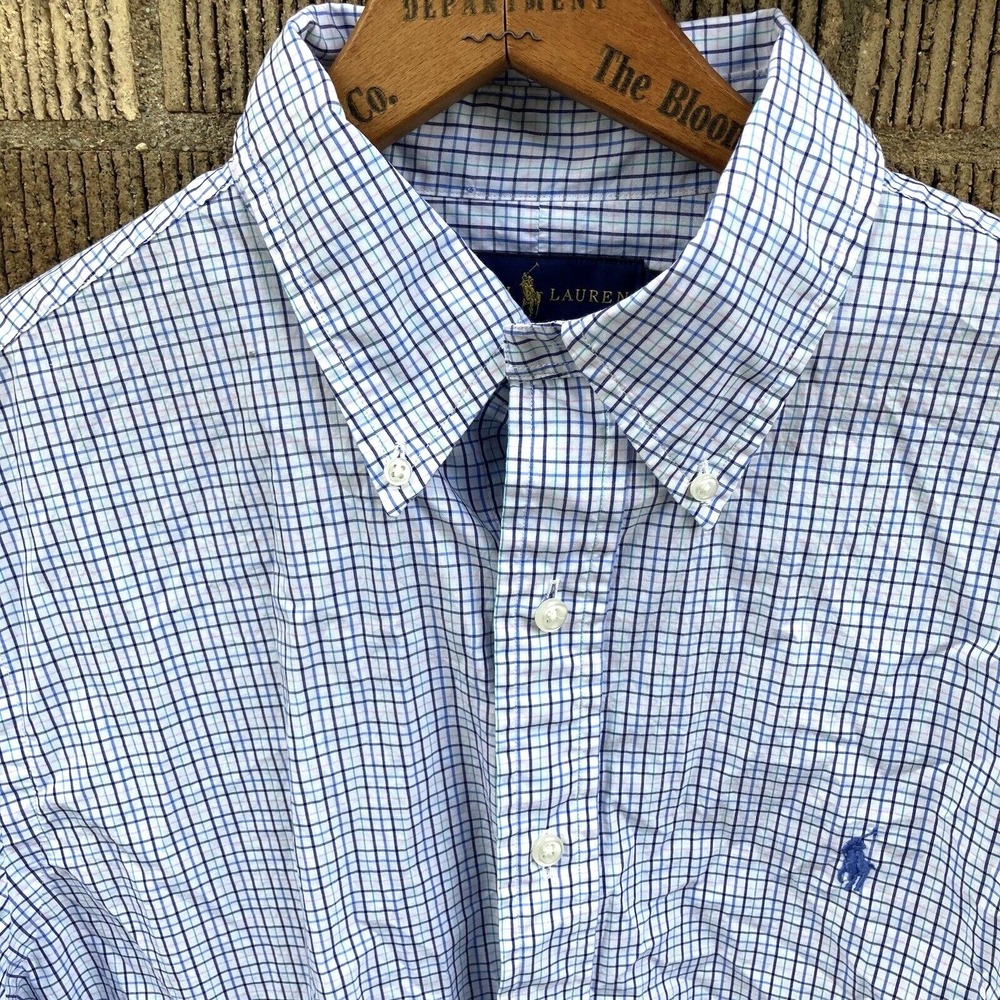 Ralph Lauren‎ Men's 16.5 32/33 Button Down Blue Pastel Windowpane Check Shirt LS